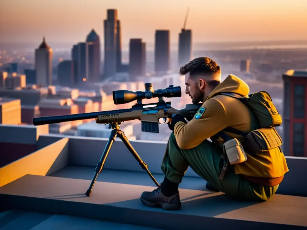 Un francotirador en un techo observa la ciudad al atardecer