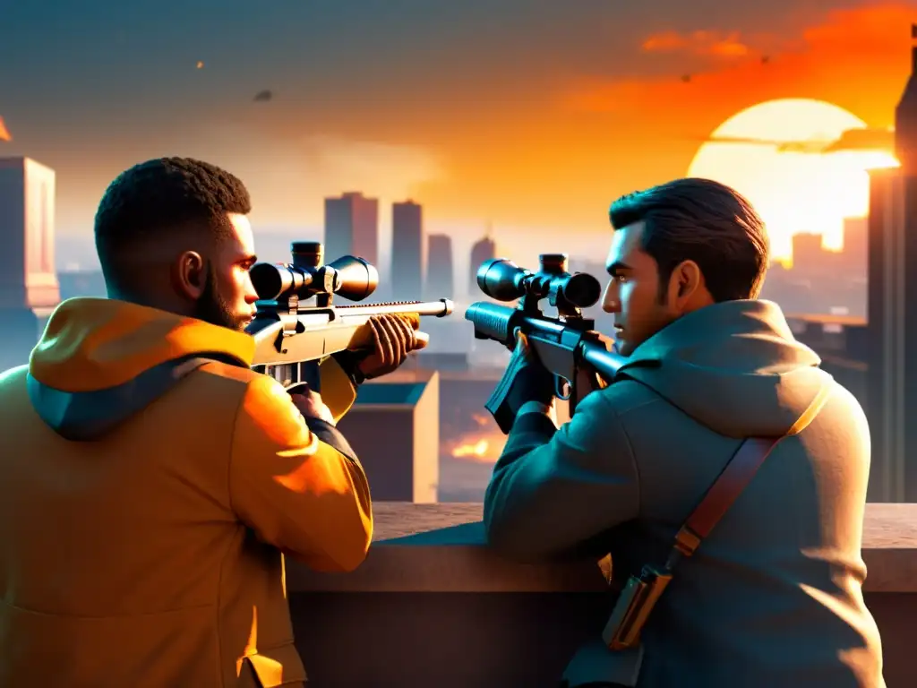 Dos francotiradores expertos en una tensa posición en un juego de FreeFire, en un atardecer urbano