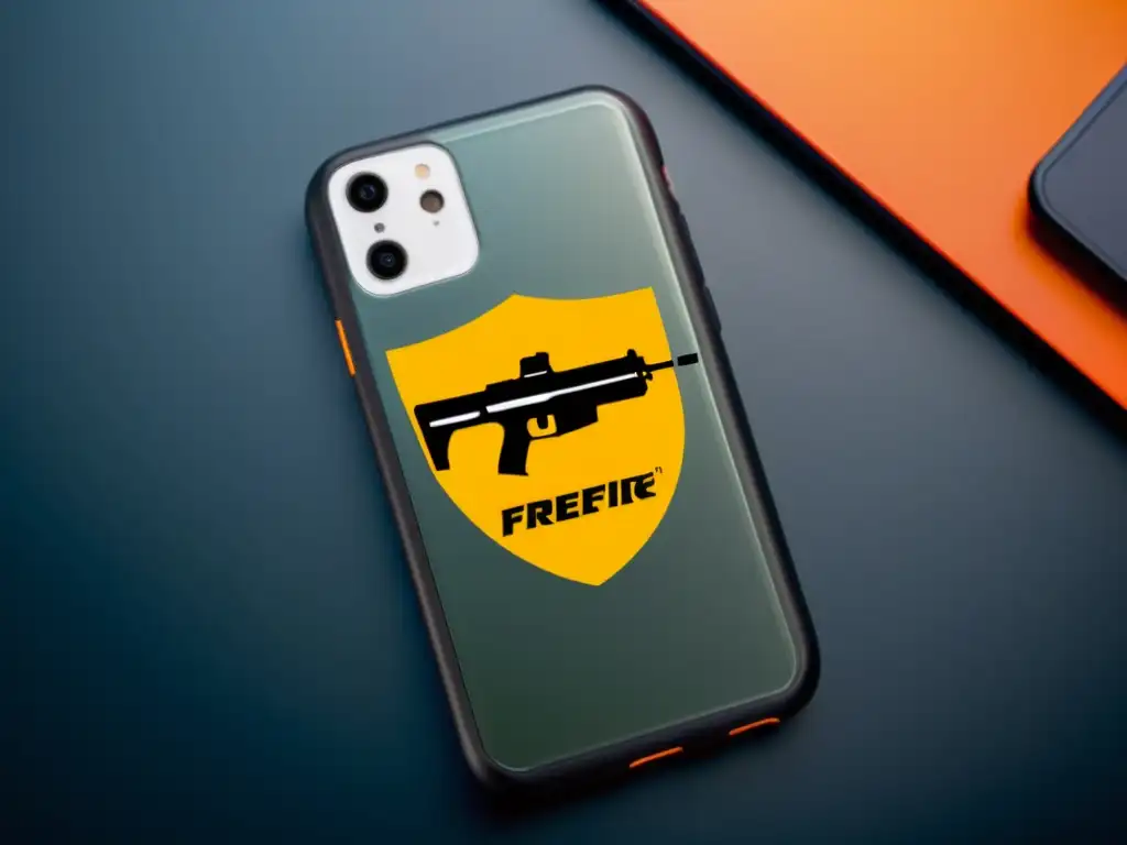 Una funda móvil de diseño moderno con elementos del juego FreeFire, mostrando durabilidad y estilo futurista para los jugadores