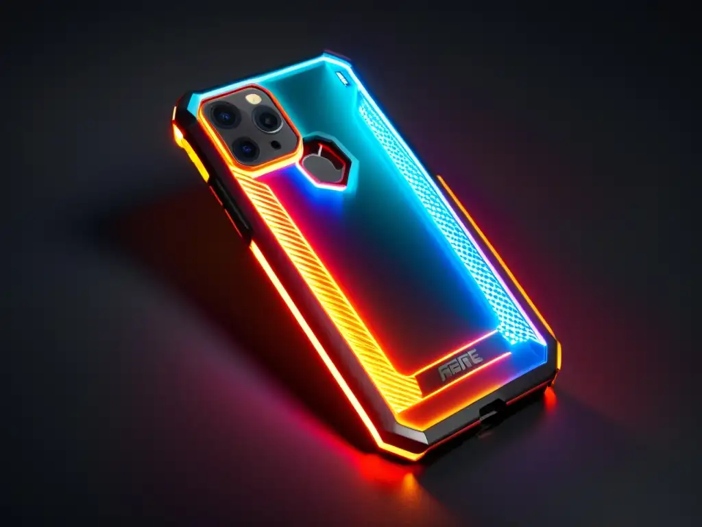 Una funda de móvil para gaming con diseño futurista y gráficos vibrantes de FreeFire, destacando seguridad y estilo hightech