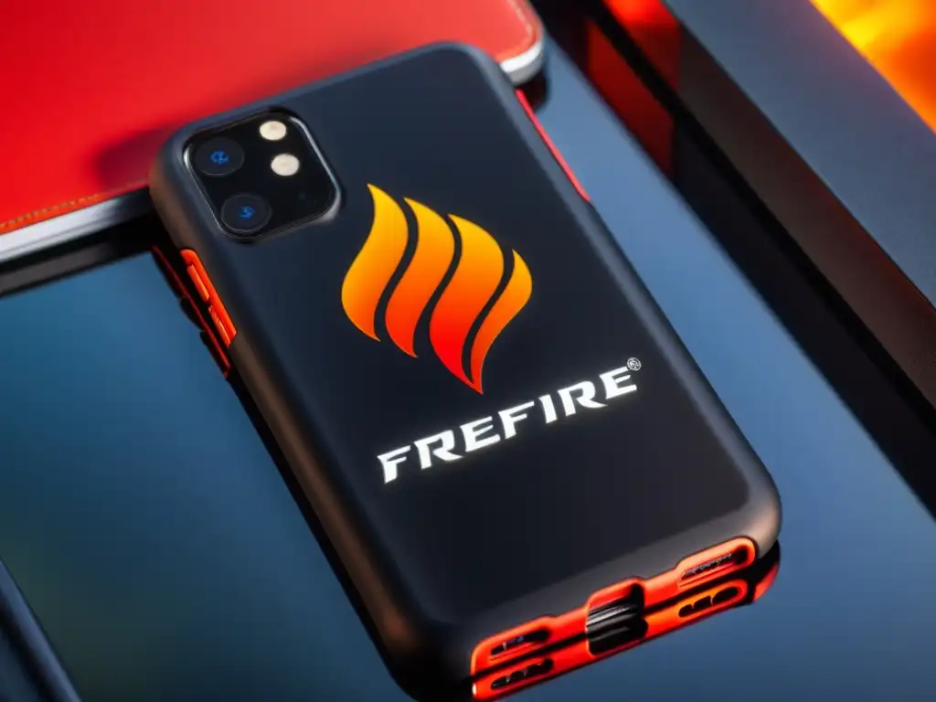 Una funda de teléfono mate negra con el logo de FreeFire en tonos rojos y naranjas, revelando seguridad y diseño dinámico