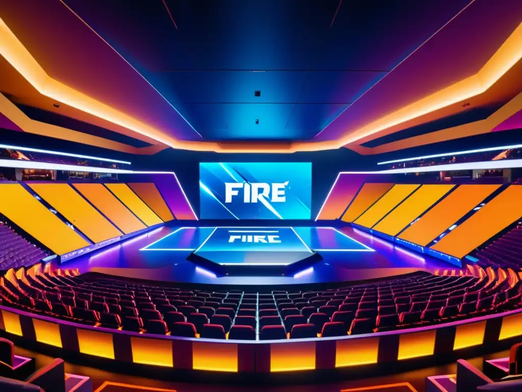 Futurista estadio de Free Fire con arquitectura metálica y luces neón, jugadores en acción en un emocionante campo de batalla digital