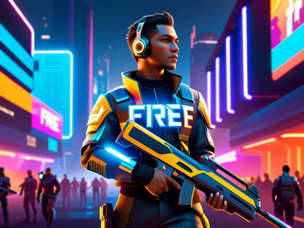 Diseño futurista de personaje para Free Fire 2023, en una ciudad cyberpunk vibrante con armadura metálica y acentos de neón