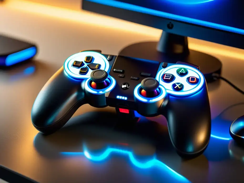 Un gamepad moderno y elegante conectado a un laptop y smartphone, con luces LED