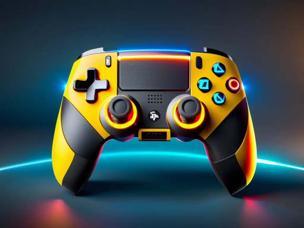 Gamepad moderno con logo de FreeFire, luces LED vibrantes y diseño ergonómico, en un entorno futurista