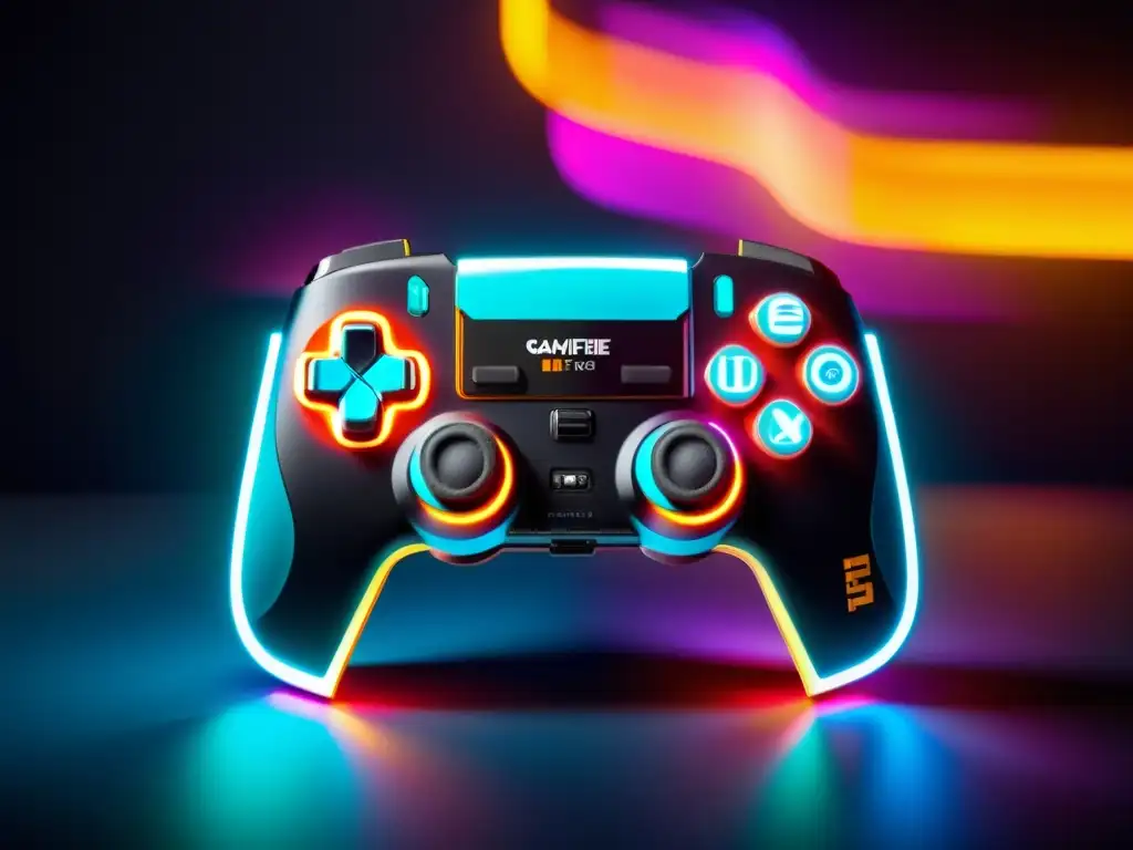 Gamepad moderno con luces LED y diseño ergonómico, conectado a smartphone con FreeFire