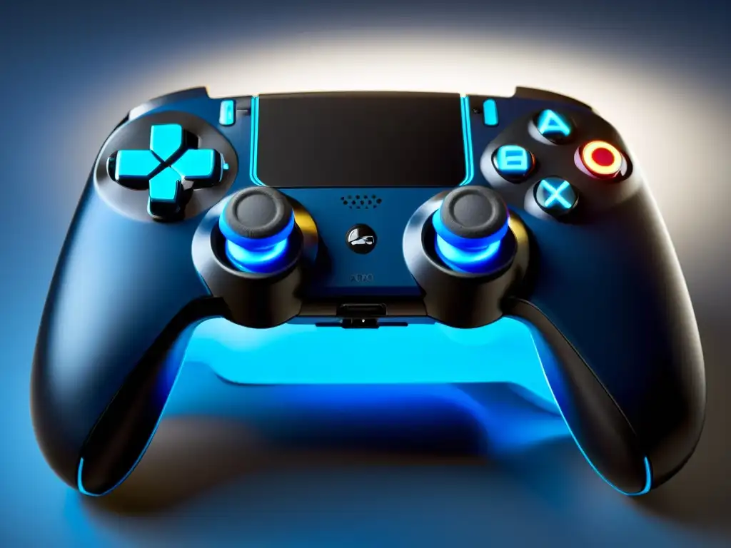 Gamepad negro brillante para móviles, con luces azules y diseño ergonómico