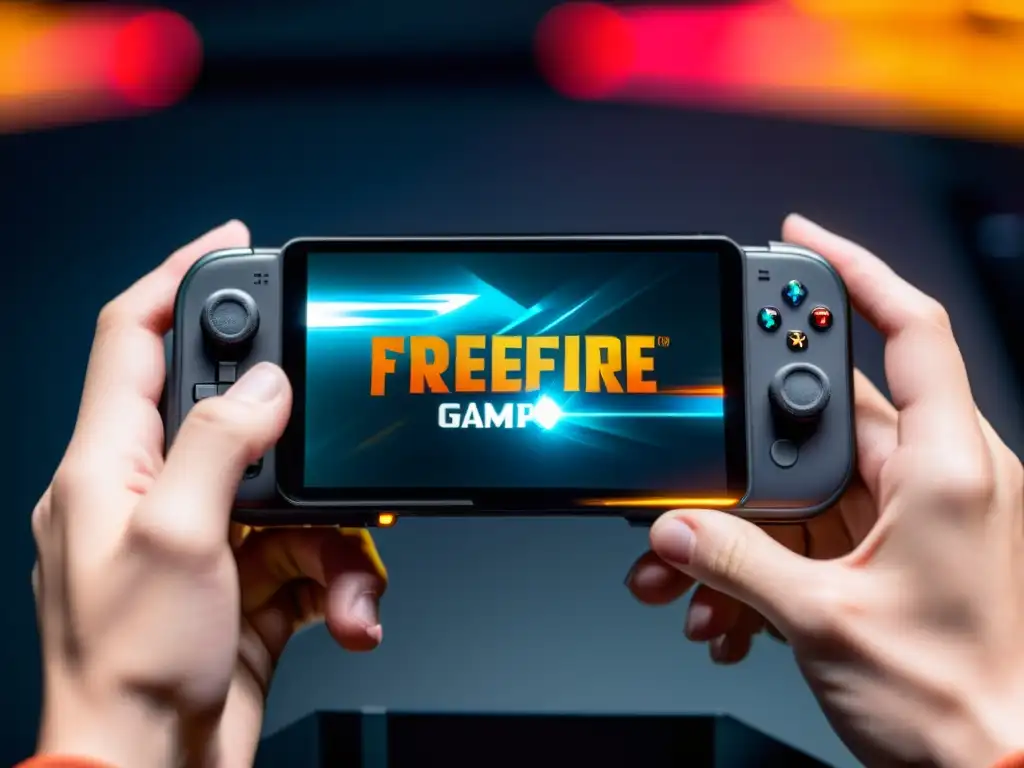 Un gamepad negro conectado a un smartphone con FreeFire, mostrando alta tecnología y compatibilidad con el juego