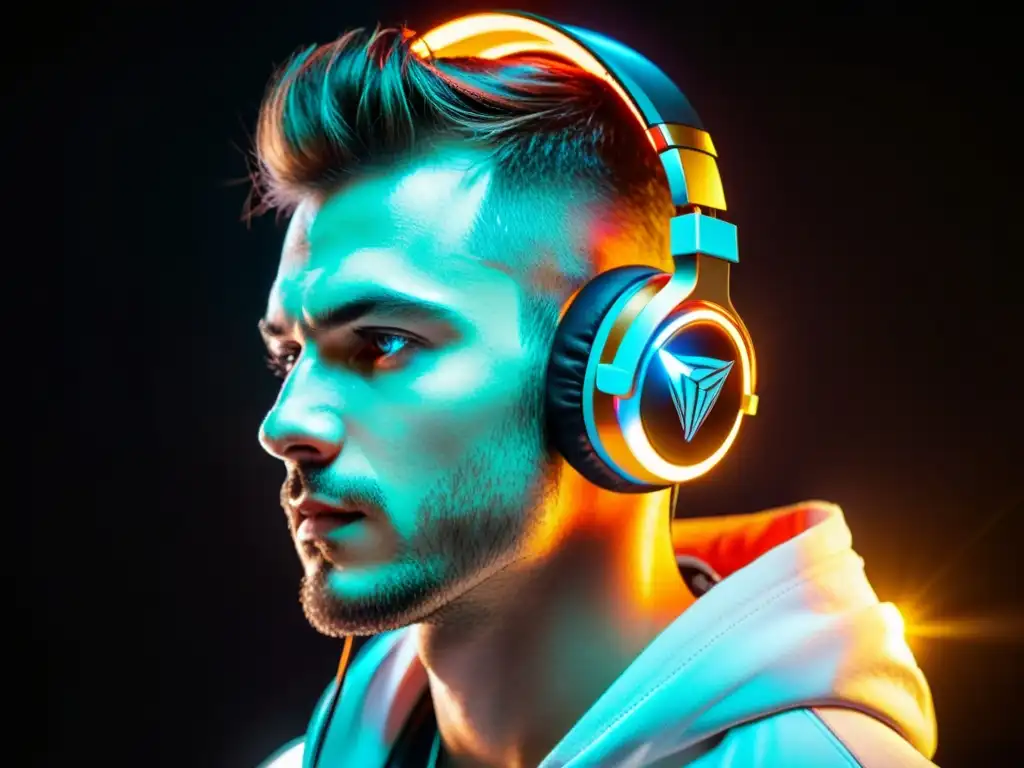 Un gamer concentrado usa auriculares gaming con luces LED, diseño futurista y tecnología de vanguardia en FreeFire