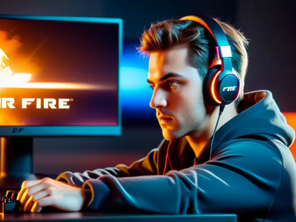 Un gamer concentrado y calmado juega Free Fire, mostrando técnicas para manejar la frustración en el intenso mundo del gaming