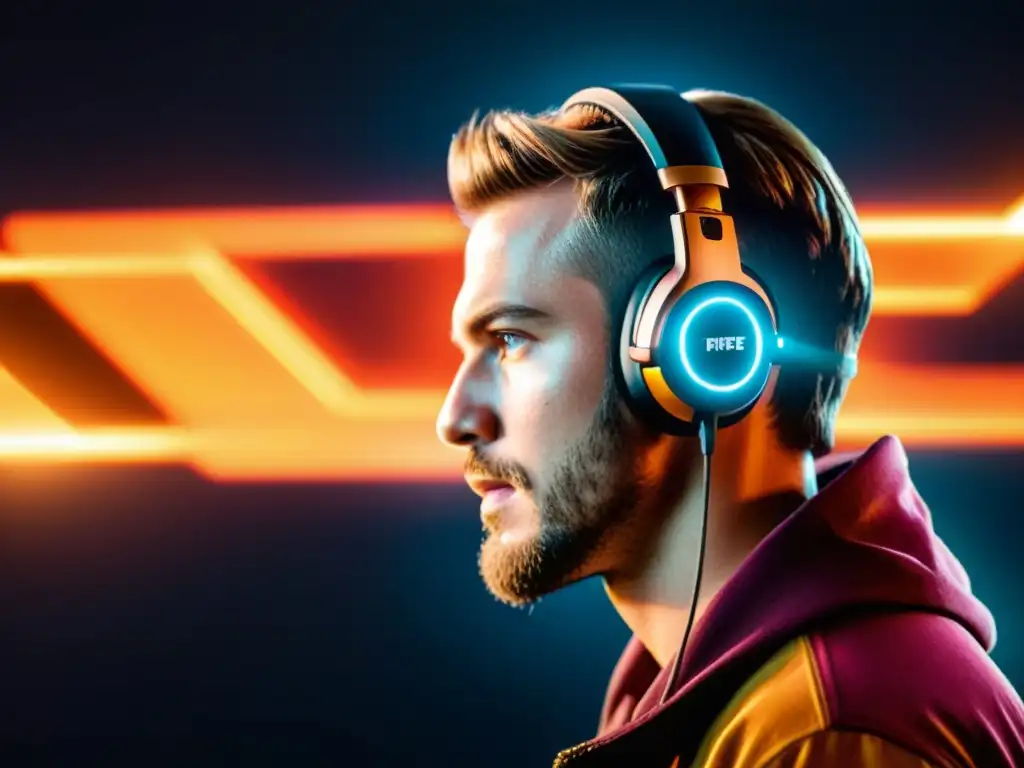 Un gamer concentrado escucha pasos en FreeFire con auriculares gaming de alta tecnología