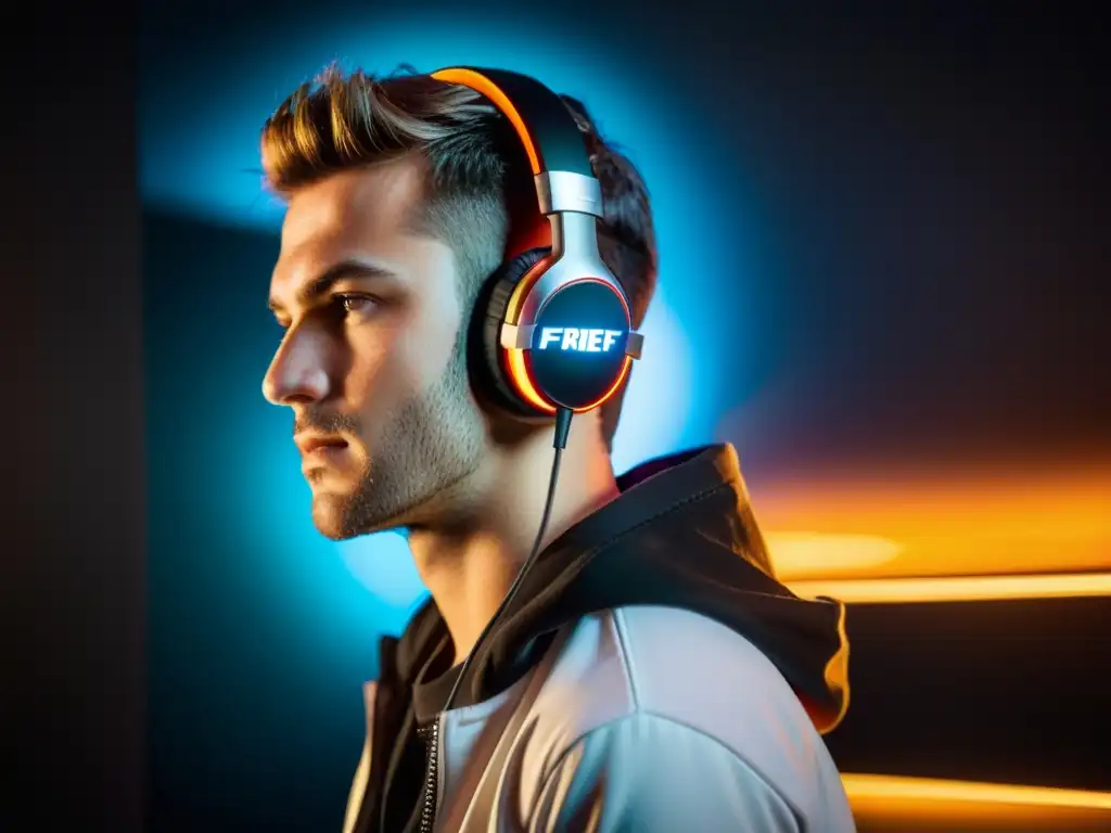 Un gamer concentrado y profesional con auriculares gaming para escuchar pasos, inmerso en el intenso mundo de FreeFire en su PC de alta gama