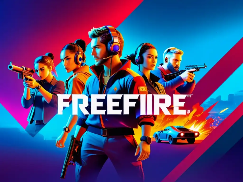 Aplicación de psicología del gamer: Imagen vibrante de FreeFire con colores intensos, escena competitiva y elementos estratégicos