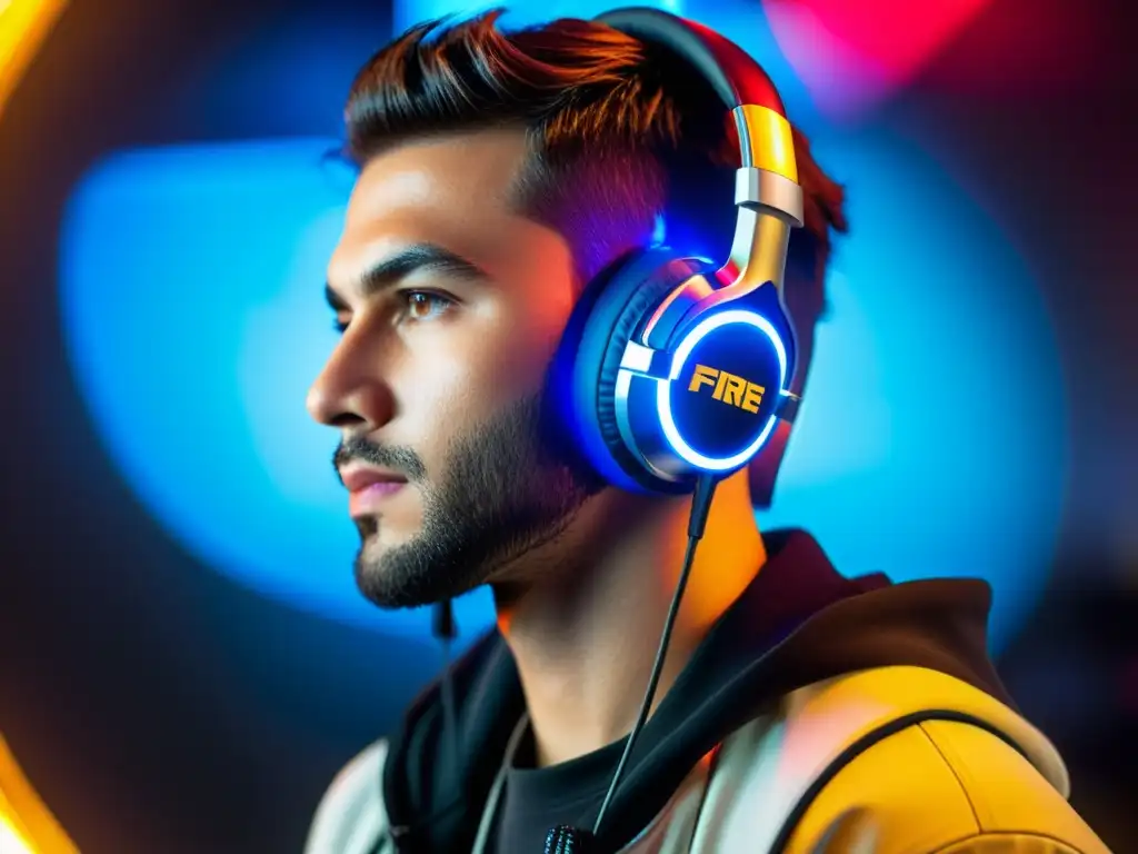 Un gamer profesional concentradísimo con los mejores audífonos gaming para Free Fire, con iluminación LED y diseño futurista