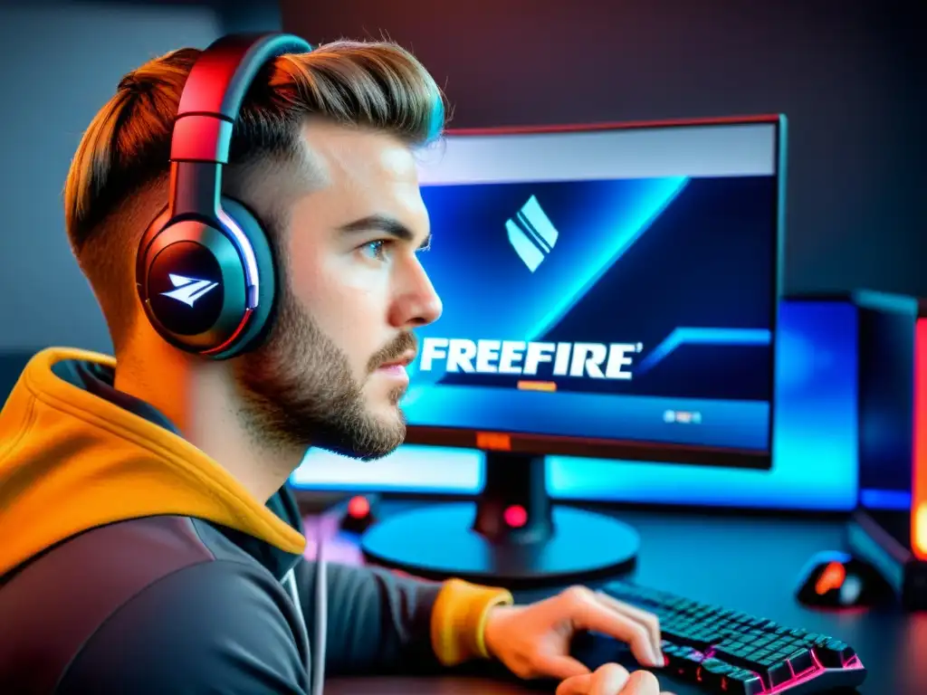 Un gamer profesional concentrado en el análisis detallado de las actualizaciones de FreeFire en un monitor hightech