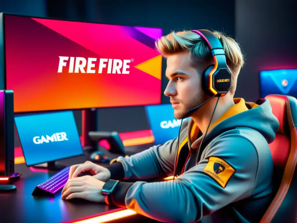 Un gamer profesional crea contenido cautivador para Free Fire, rodeado de tecnología de alta gama y luces LED vibrantes