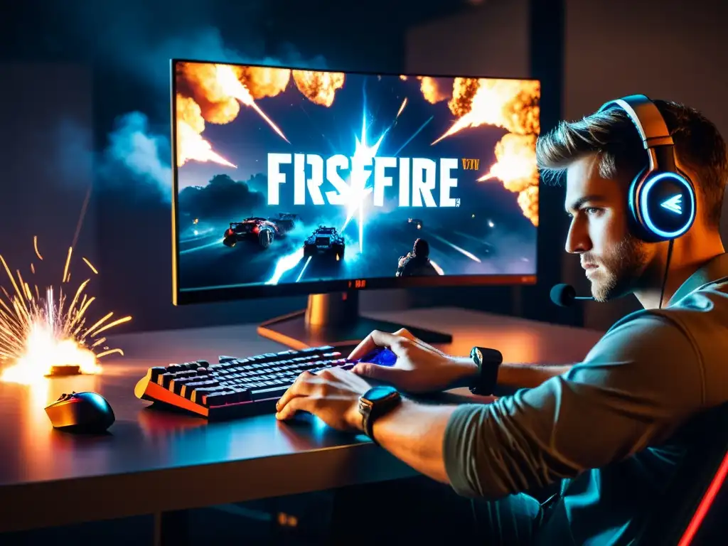 Un gamer profesional se concentra en una partida de FreeFire en una habitación tenue, con destreza para mejorar puntería en FreeFire