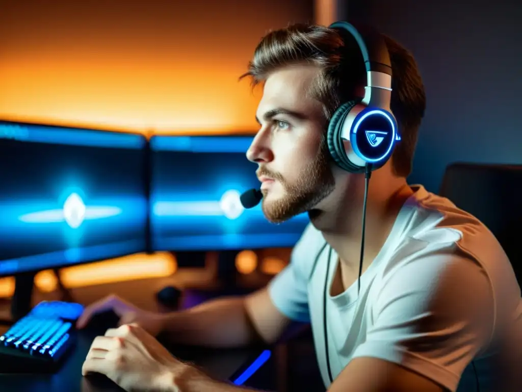 Un gamer profesional en pleno enfoque, con los mejores auriculares para Free Fire, frente a su potente computadora de juego