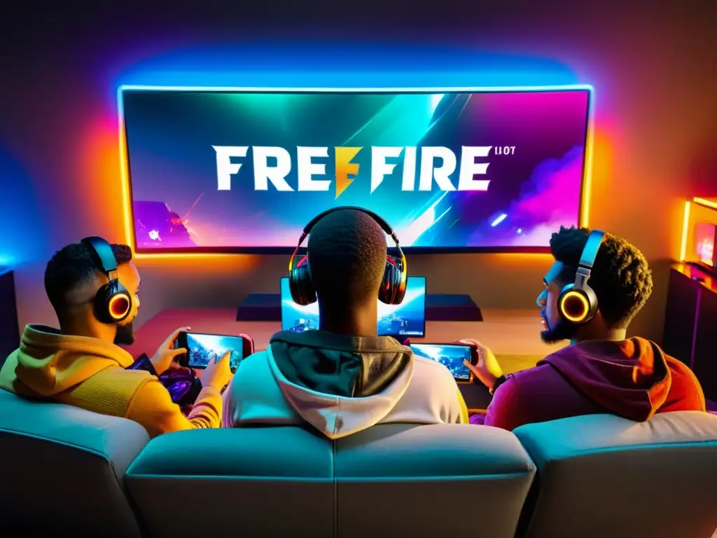 Diversos gamers disfrutan de Free Fire en un ambiente vibrante y animado, destacando la importancia de Free Fire en comunidades en línea