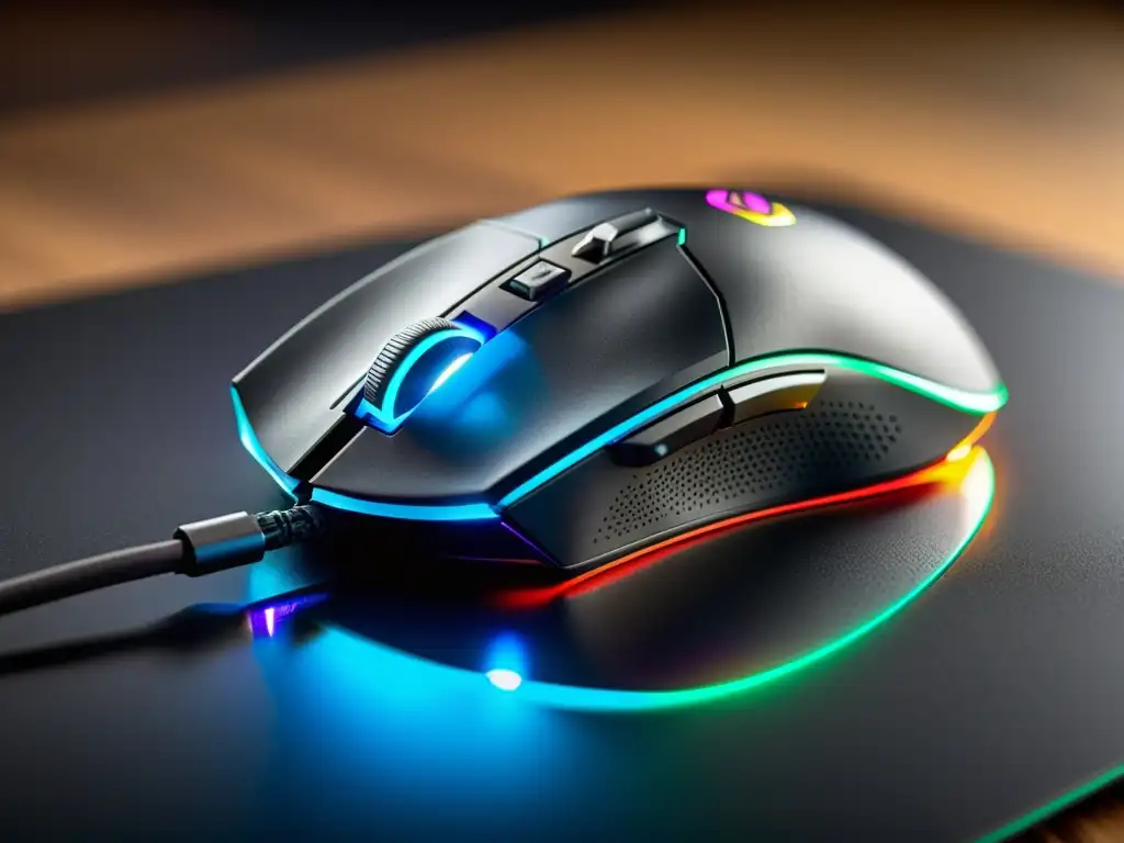 Ratón gaming moderno con peso ajustable en pad iluminado, reflejando colores vibrantes