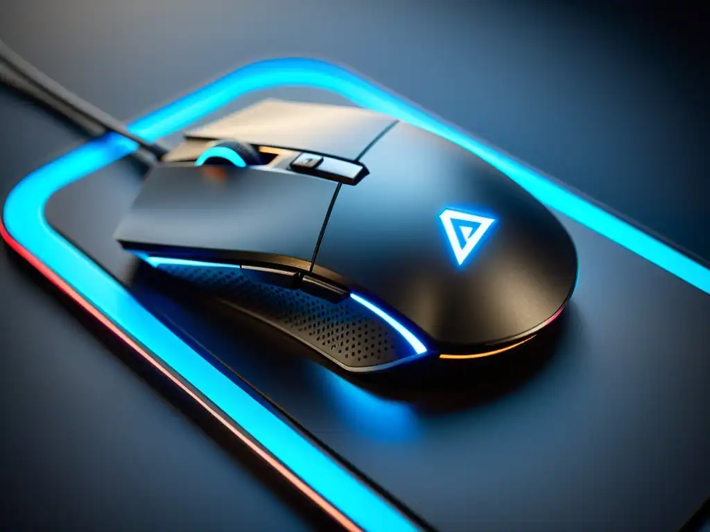 Ratón gaming moderno con iluminación RGB y pesos ajustables sobre mousepad negro