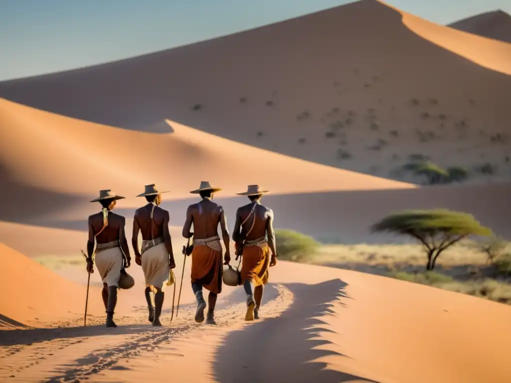 Un grupo de bosquimanos San rastreando antílopes en el árido desierto del Kalahari, demostrando sus consejos para sobrevivir en Kalahari