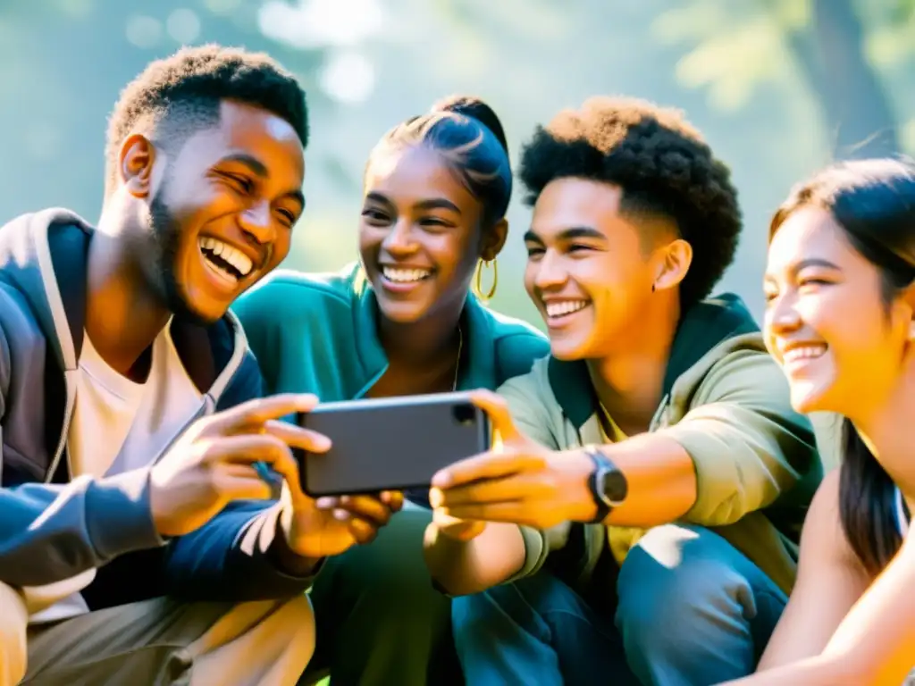 Grupo diverso de adolescentes disfrutando el impacto positivo de Free Fire, concentrados y felices mientras juegan en el bosque