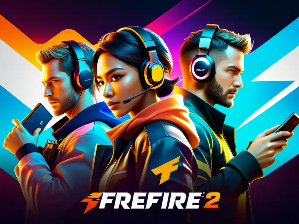 Grupo diverso de gamers desarrollando FreeFire para diversos dispositivos en un ambiente futurista y moderno, con acción intensa en cada pantalla