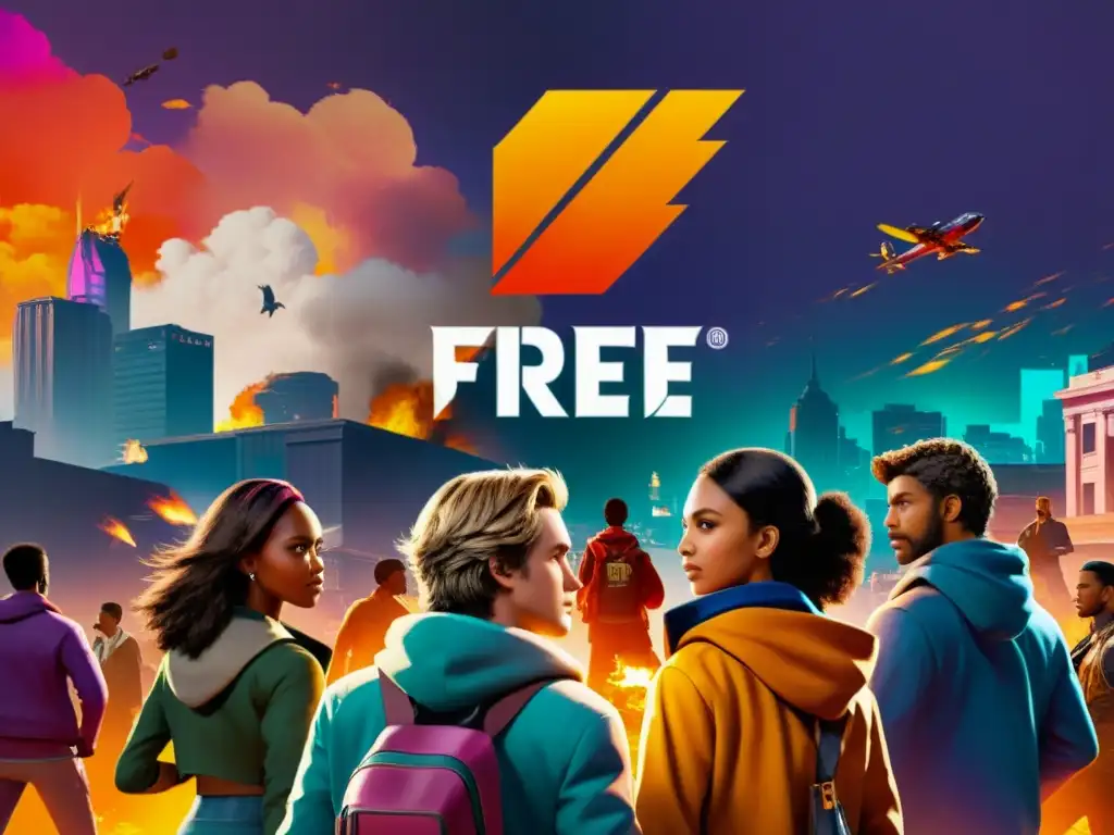 Un grupo diverso de jóvenes juega apasionadamente Free Fire en un entorno urbano vibrante, reflejando el impacto del juego en la cultura juvenil