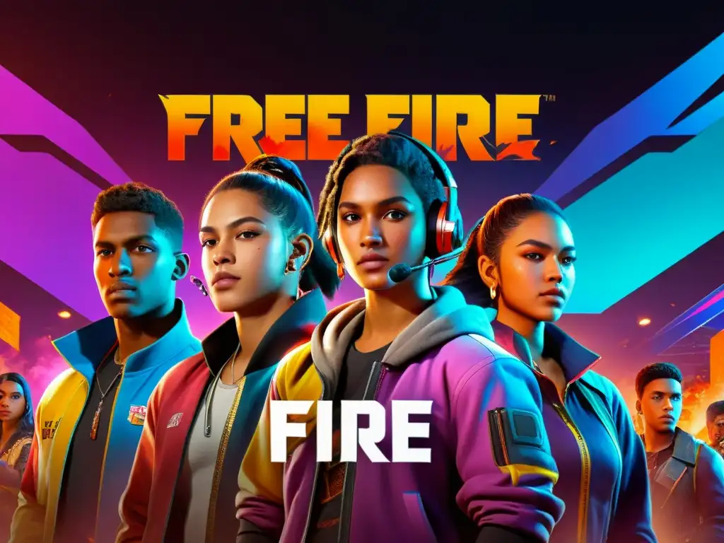 Grupo diverso de jóvenes gamers concentrados, disfrutando del impacto positivo de Free Fire