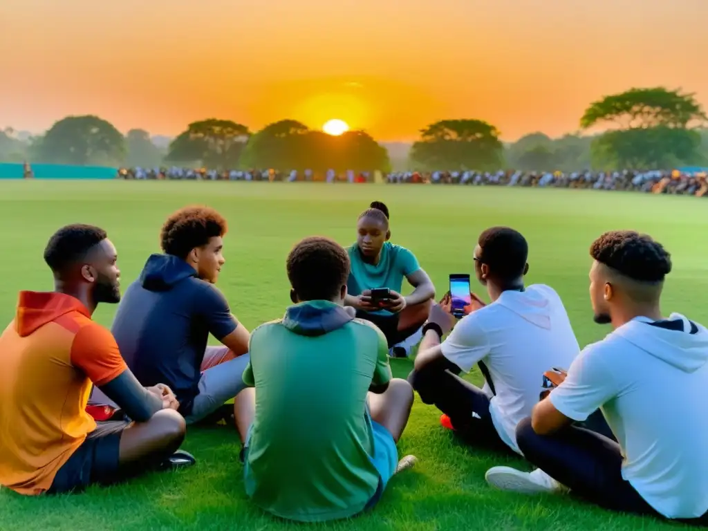 Grupo diverso de jóvenes inmersos en una intensa sesión de Free Fire al atardecer, reflejando el impacto social del juego