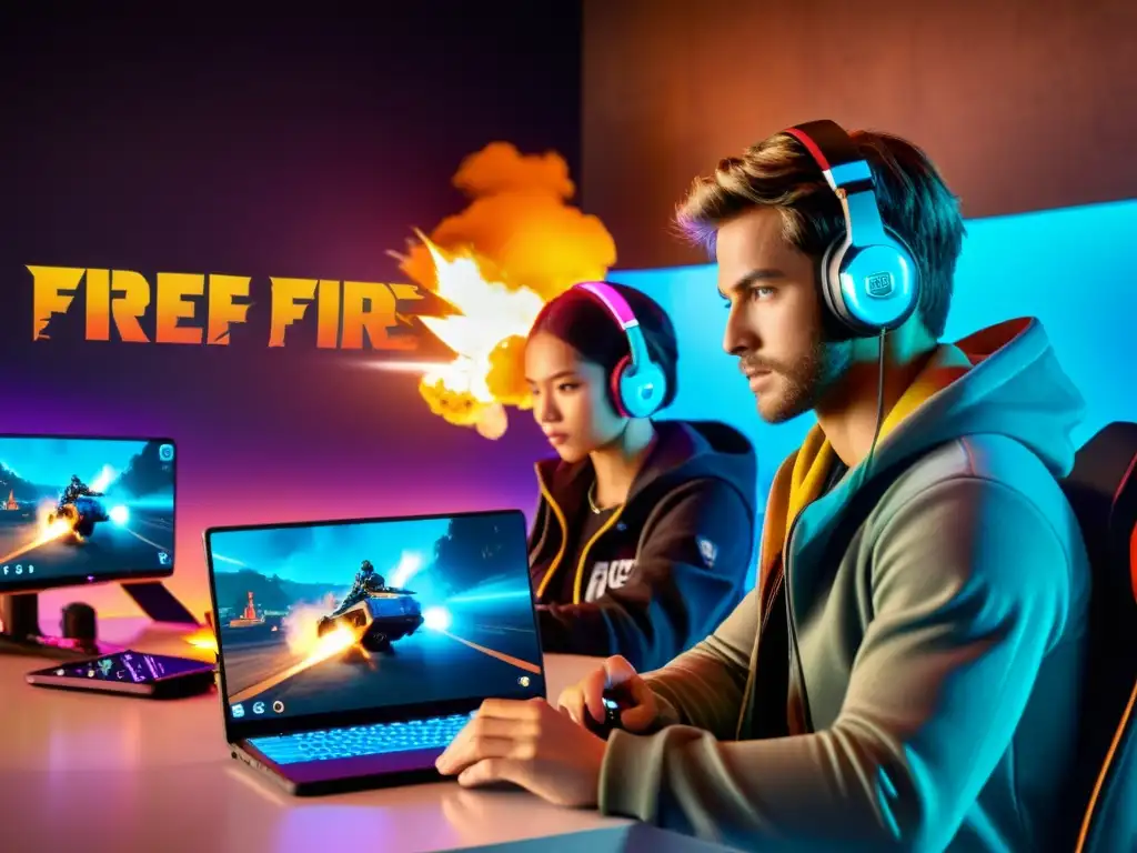 Un grupo diverso de jugadores concentrados juega Free Fire en varios dispositivos, iluminados por el juego