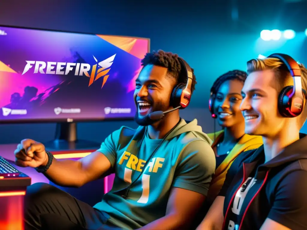 Grupo diverso de jugadores entusiastas disfrutando del marketing viral para juegos FreeFire, con intensa emoción y camaradería