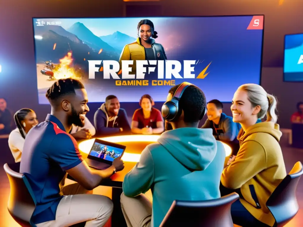 Grupo diverso de jugadores de Free Fire conversando y compartiendo estrategias para fomentar una comunidad sana