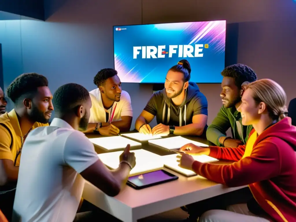 Grupo diverso de jugadores de Free Fire discuten apasionadamente, compartiendo ideas para impacto sugerencias comunidad Free Fire, con energía y determinación