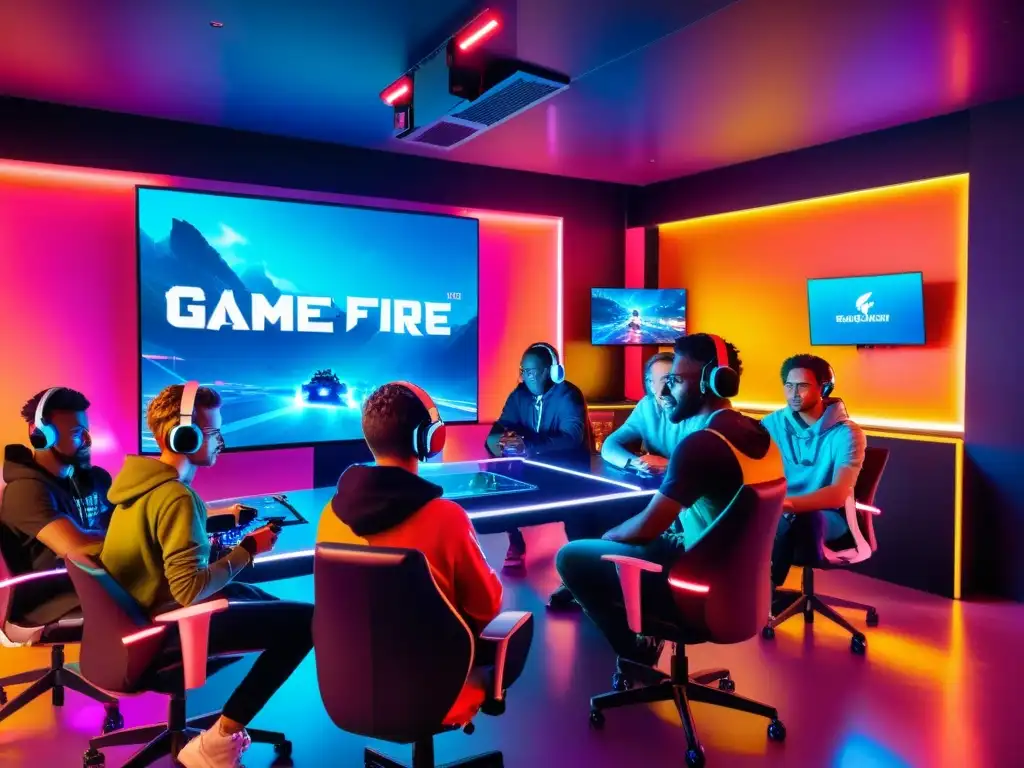 Grupo diverso de jugadores de Free Fire en un lounge moderno, con energía y emoción