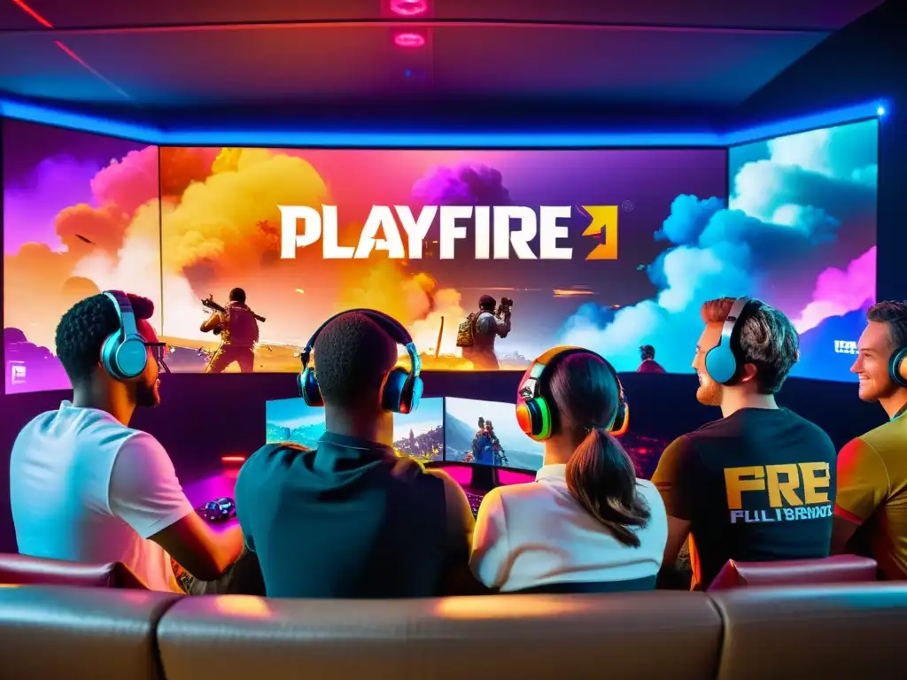 Un grupo diverso de jugadores se reúne alrededor de una pantalla, inmersos en el juego Free Fire