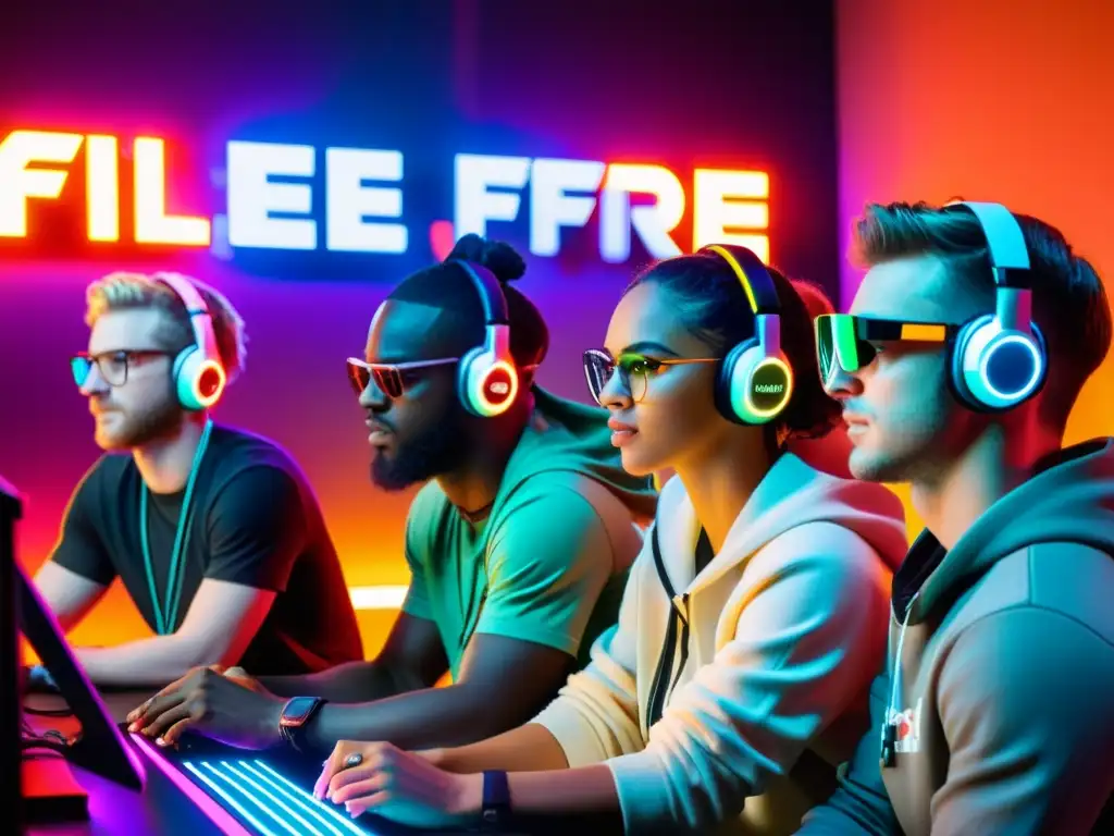 Un grupo diverso de jugadores se concentra en sus pantallas mientras el colorido juego de Free Fire se refleja en sus gafas