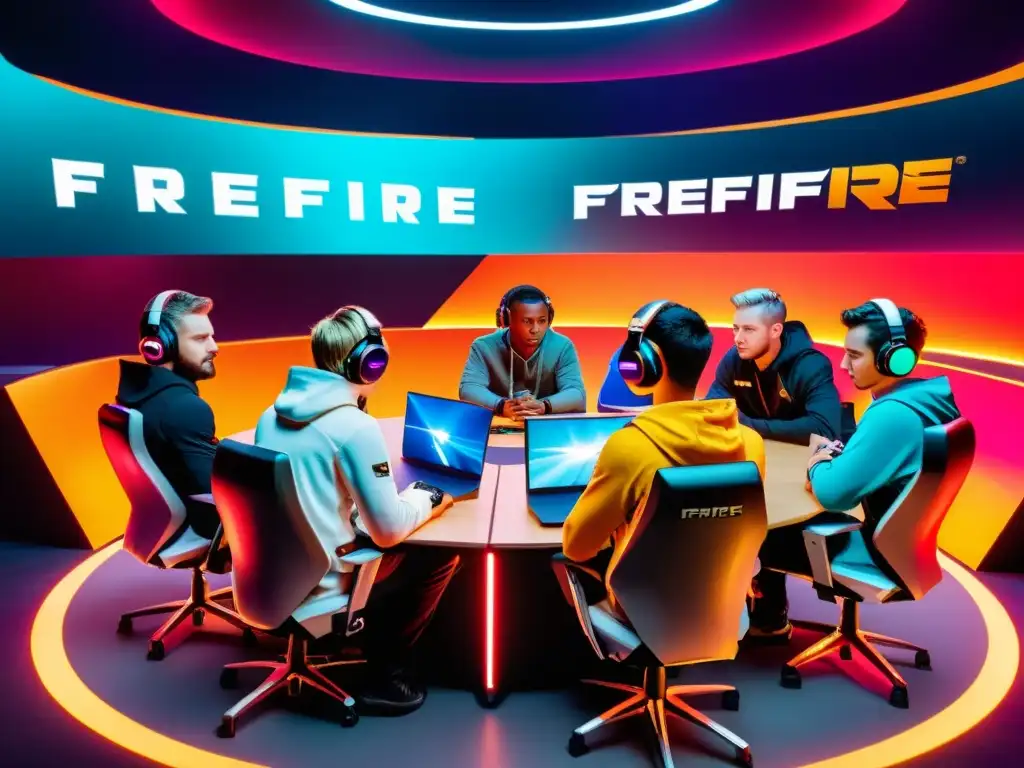 Grupo diverso de jugadores de FreeFire colaborando en tácticas con enfoque y determinación, fomentando el desarrollo comunitario en FreeFire