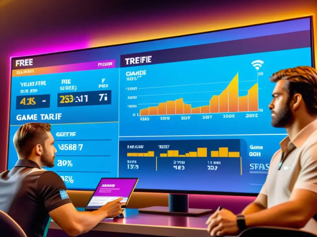 Un grupo diverso de jugadores de Free Fire analiza tendencias y estadísticas en una pantalla digital interactiva, rodeados de gráficos coloridos
