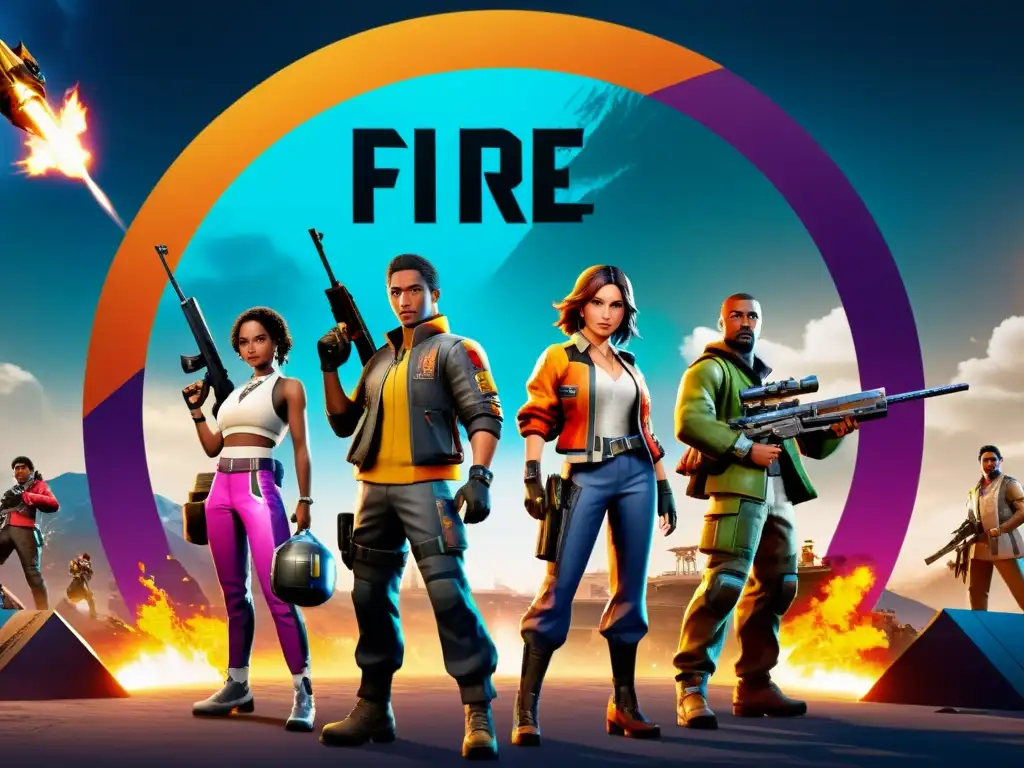 Un grupo diverso de personajes de Free Fire en círculo, mostrando su equipamiento y armas