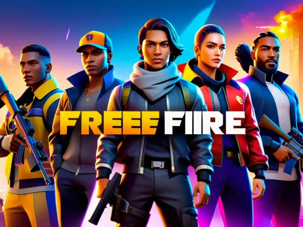 Grupo diverso de personajes de Free Fire combinando diferentes estilos en un entorno urbano moderno y vibrante