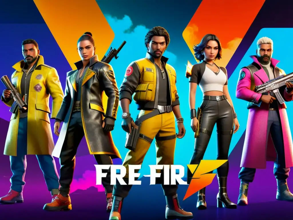 Un grupo diverso de personajes de Free Fire exhibe sus mejores skins en una pose de batalla, destacando la variedad y detalle de los diseños