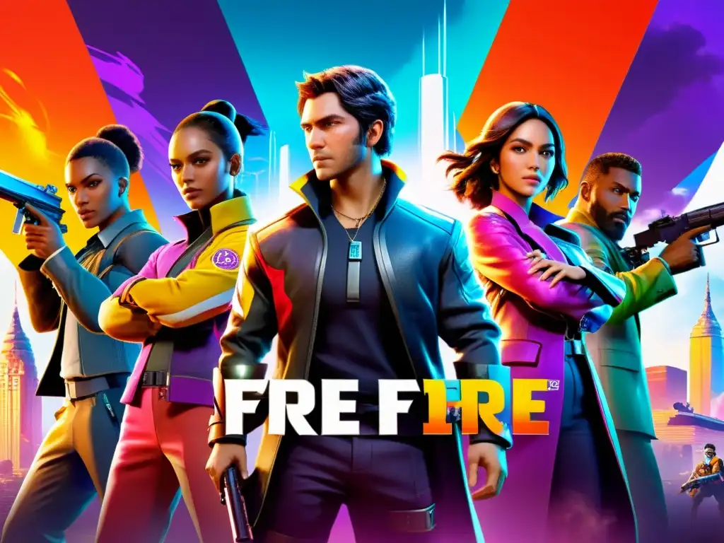 Un grupo diverso de personajes de Free Fire en una pose dinámica, mostrando sus habilidades de apoyo en acción