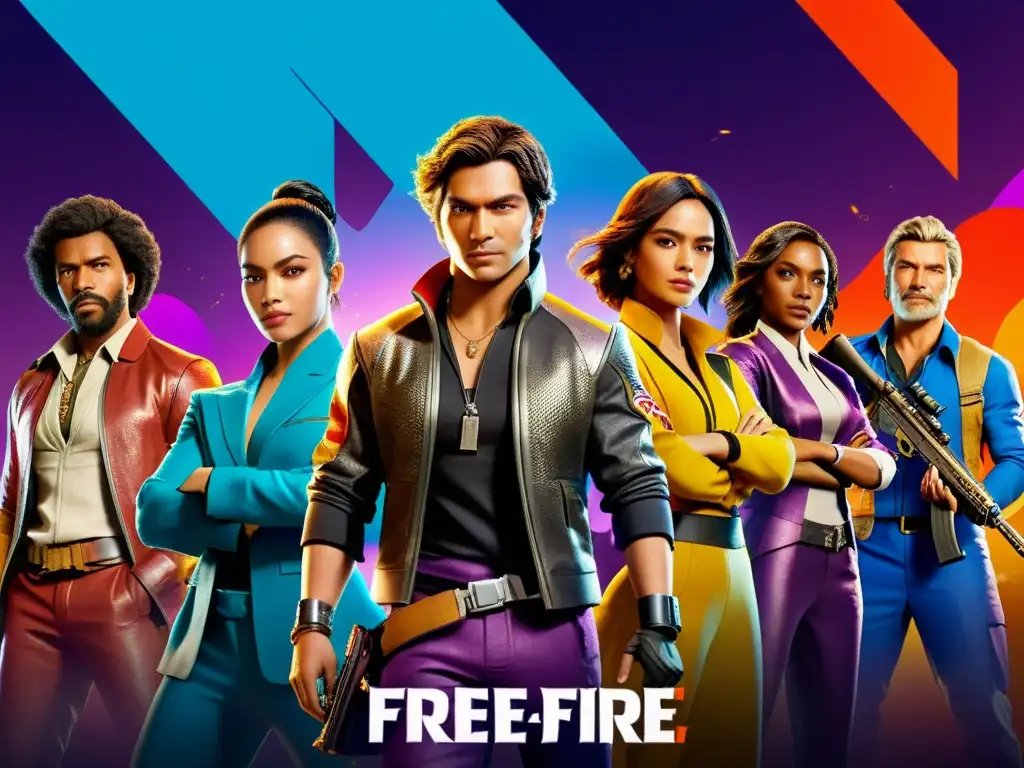 Un grupo diverso de personajes de Free Fire en poses dinámicas, rodeados de fondos futuristas vibrantes