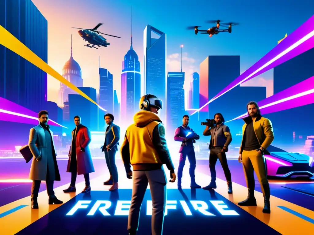 Grupo estratégico de personajes de Free Fire anticipando movimientos en la ciudad futurista, con IA para anticipar movimientos Free Fire