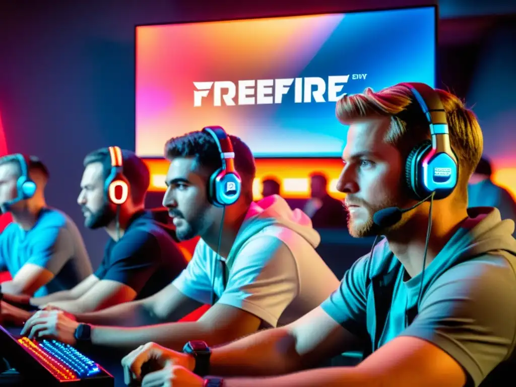 Un grupo de gamers concentrados compitiendo en un torneo de FreeFire, atrapados por la emoción del juego