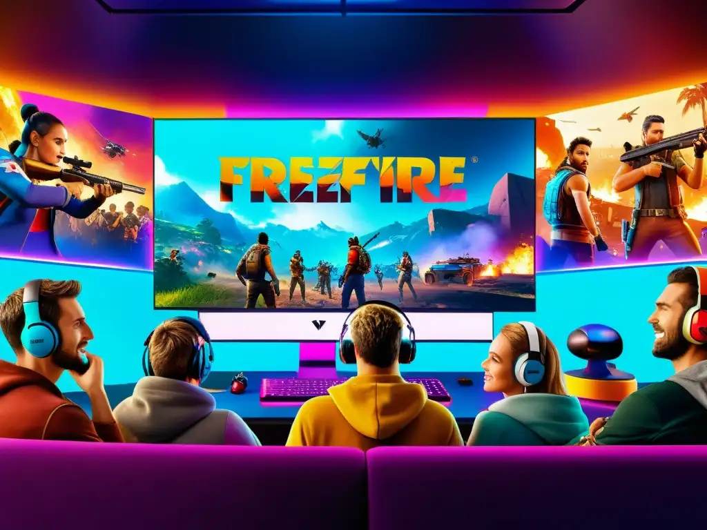 Grupo de gamers emocionados jugando FreeFire en pantalla grande, creando ambiente inmersivo