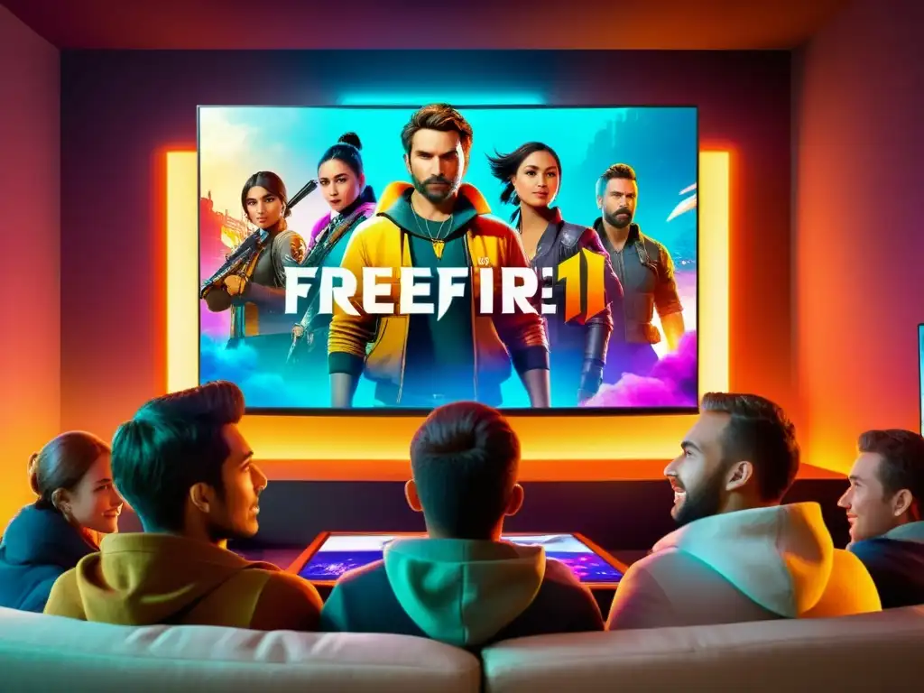 Grupo de gamers entusiasmados viendo publicidad interactiva para gamers FreeFire en pantalla HD, sumergidos en la acción del juego