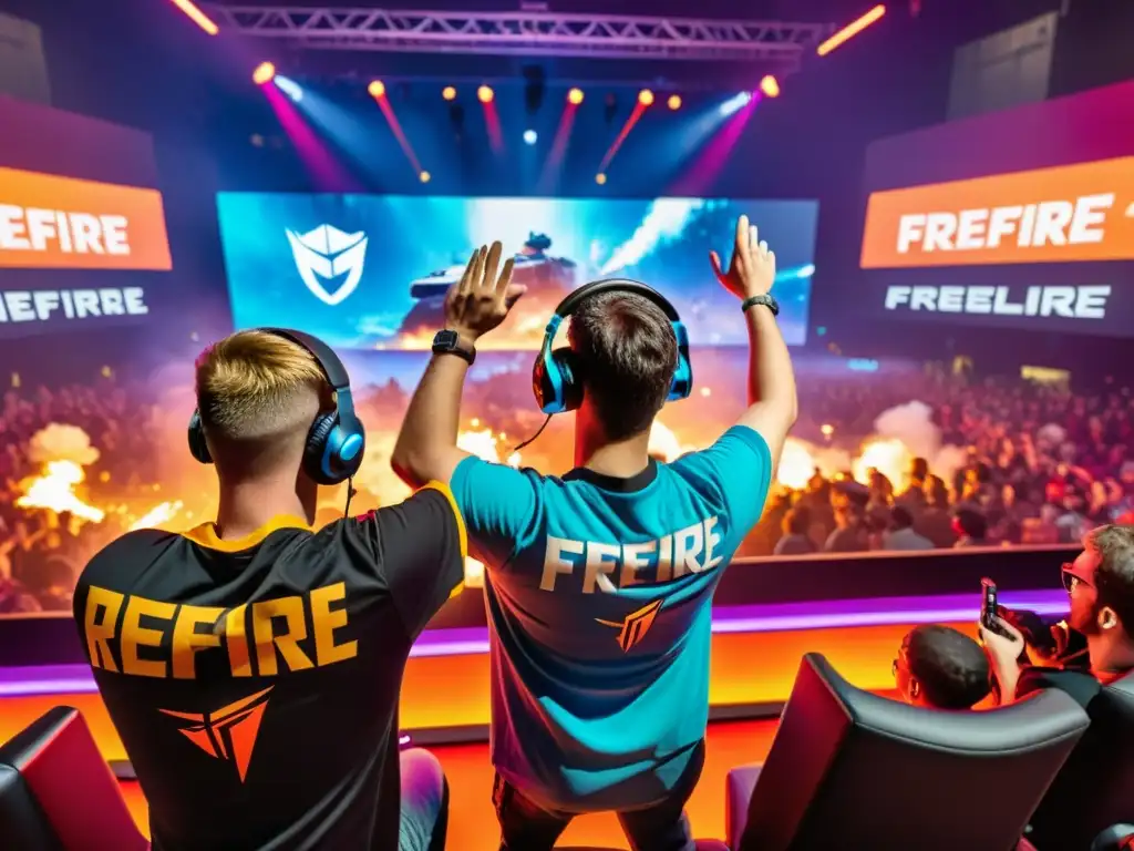 Grupo de gamers entusiastas con camisetas y auriculares de FreeFire, emocionados en una vibrante arena de juegos, disfrutando de una intensa partida